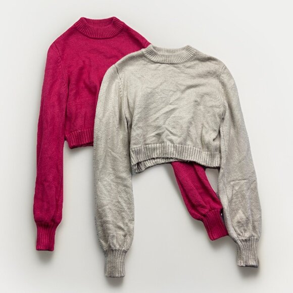 Lot x2 Garage Knit Cozy Sweater Pullover Wom S Beige / Pink  Cropped Long Sleeve - Picture 1 of 14